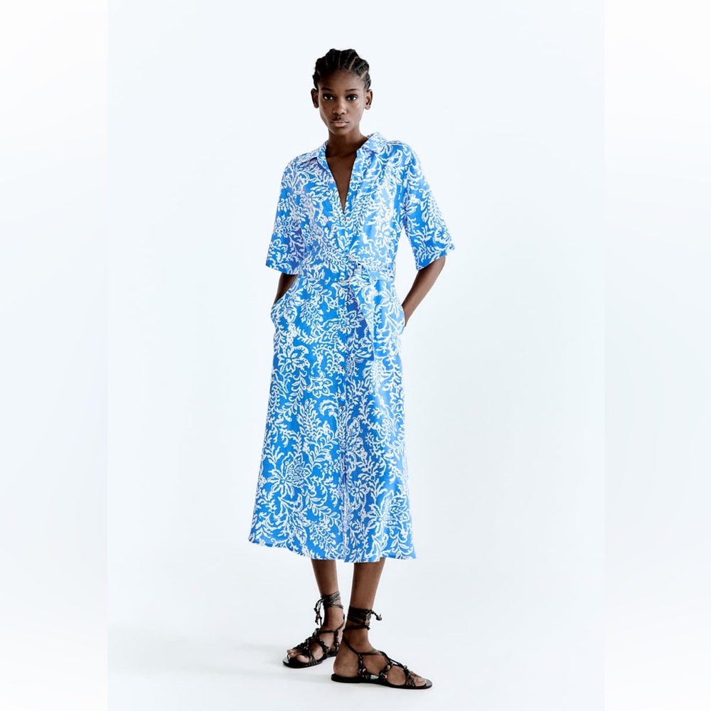 Zara Linen Blend Printed Shirtdress (NWT)